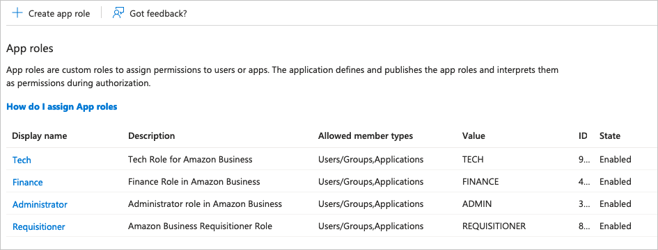 Screenshot dell'elenco dei ruoli dell'applicazione.