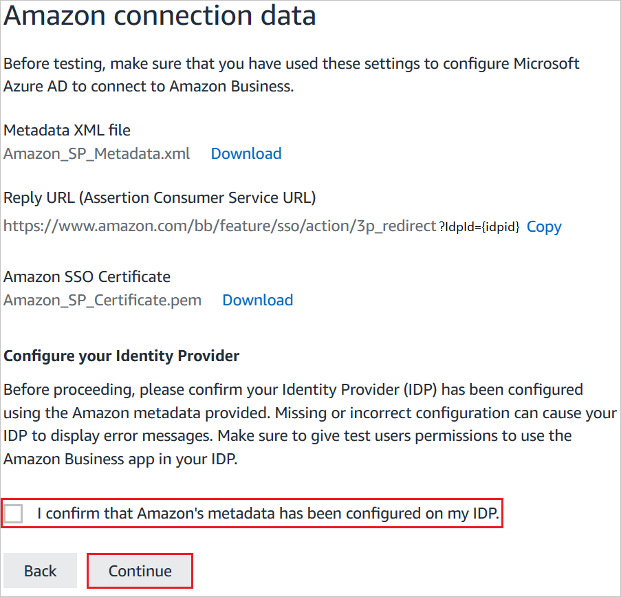 Screenshot che mostra la schermata Amazon connection data, in cui è possibile fare clic su Next per continuare.