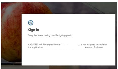 Screenshot che mostra un messaggio di errore per indicare che non è possibile accedere.