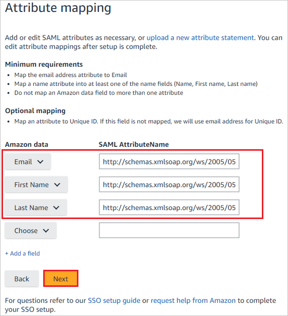 Screenshot che mostra la sezione Attribute mapping, in cui è possibile modificare i nomi degli attributi SAML dei dati Amazon.