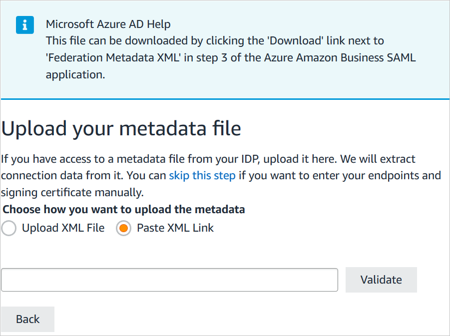 Screenshot che mostra la schermata Upload your metadata file, in cui è possibile cercare un file XML e caricarlo.