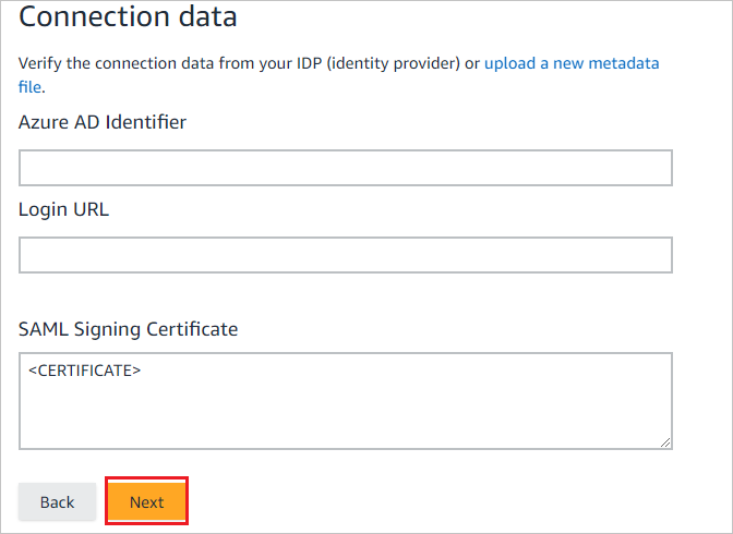 Screenshot che mostra la sezione Connection data, in cui è possibile specificare un identificatore Microsoft Entra, un URL di accesso e un certificato di firma SAML.