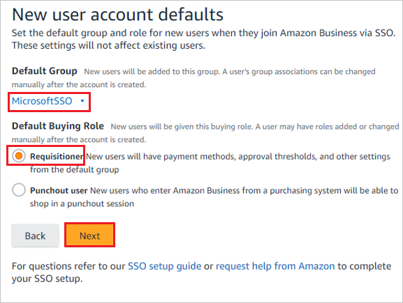 Screenshot che mostra la schermata New user account defaults con le opzioni Microsoft SSO, Requisitioner e Next selezionate.