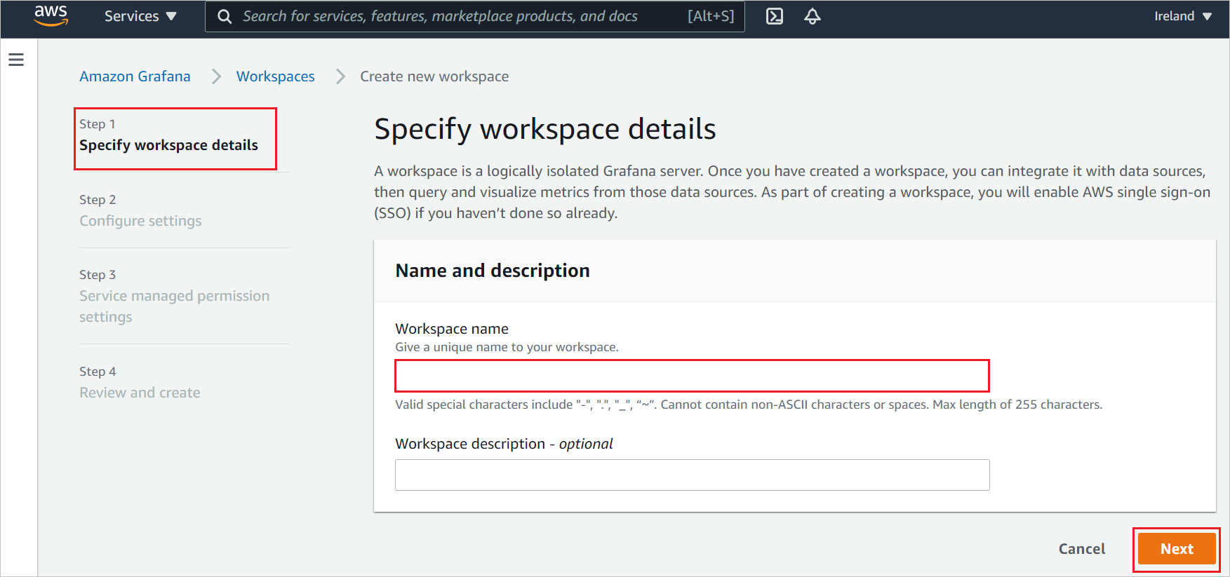 Specificare i dettagli Screenshot che mostra i dettagli dell'area di lavoro.