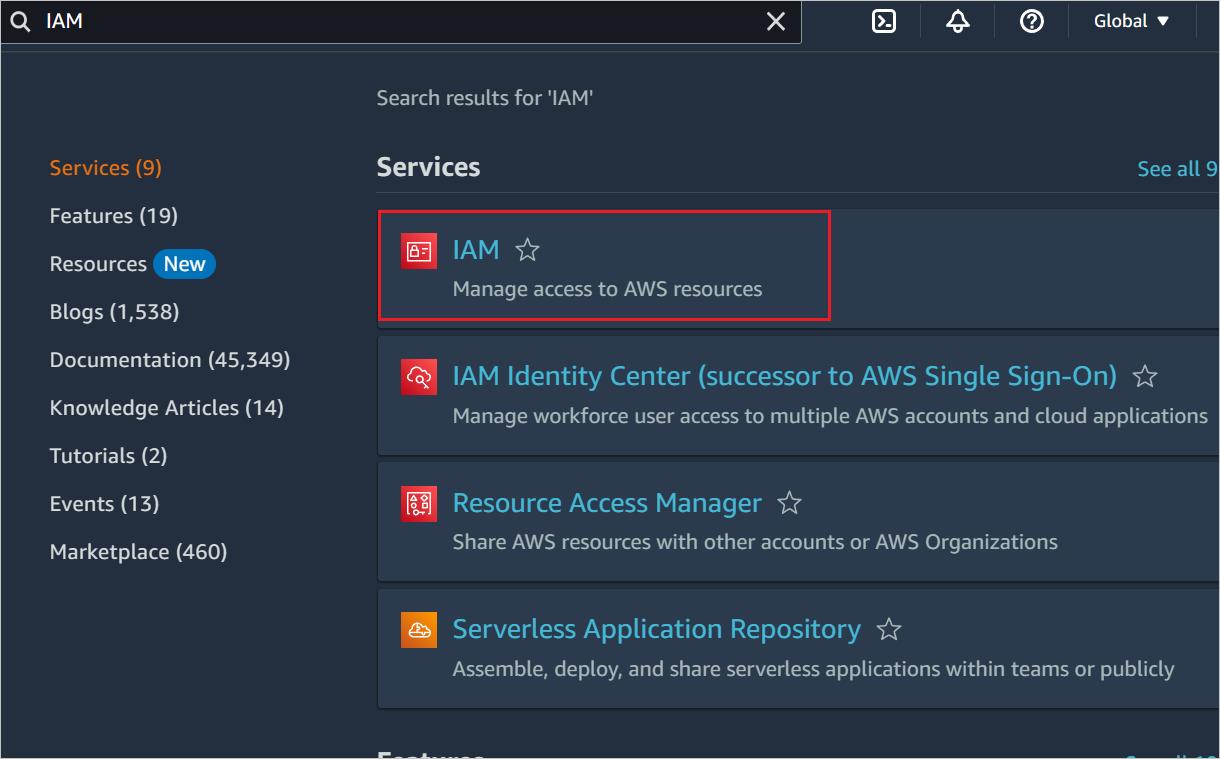 Screenshot della pagina dei servizi AWS con IAM evidenziato.