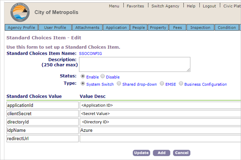 Screenshot che mostra la modifica dell'elemento Opzioni standard per S O CONFIG.