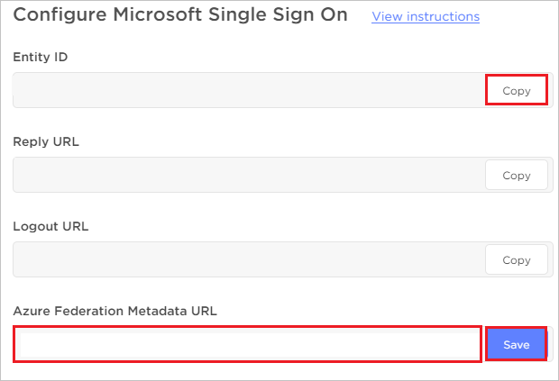 Screenshot mostra la pagina Configura Accesso Single Sign-On di Microsoft in cui è possibile copiare l'ID dell'entità e salvare l'URL dei metadati di federazione di Azure.