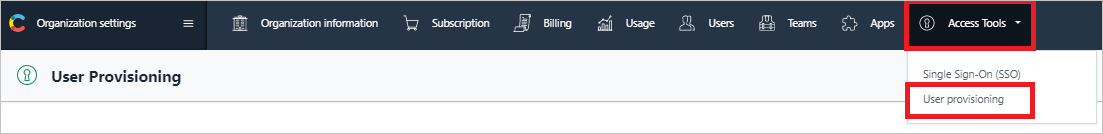 Screenshot del menu delle Impostazioni dell'organizzazione in Contentful, con il provisioning degli utenti evidenziato sotto Strumenti di accesso.