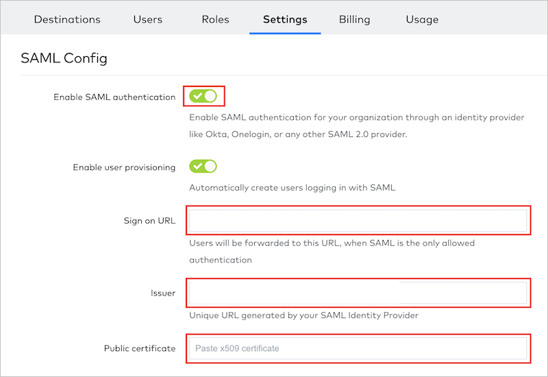 Screenshot che mostra il riquadro Configurazione SAML con le opzioni di configurazione evidenziate.