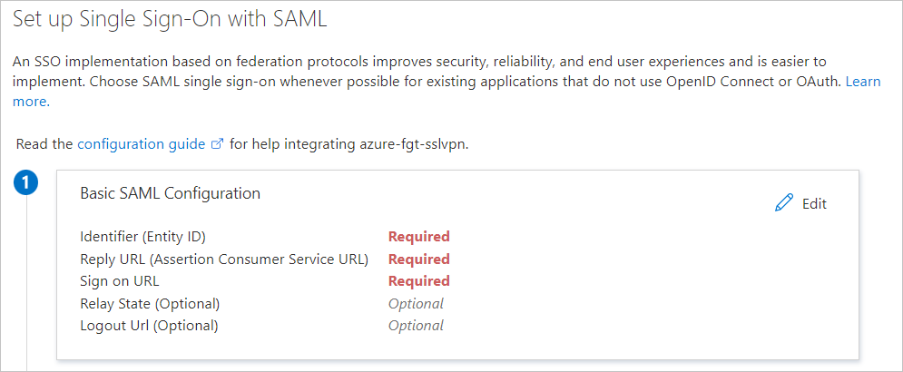 Screenshot che mostra la pagina Configurazione SAML di base.