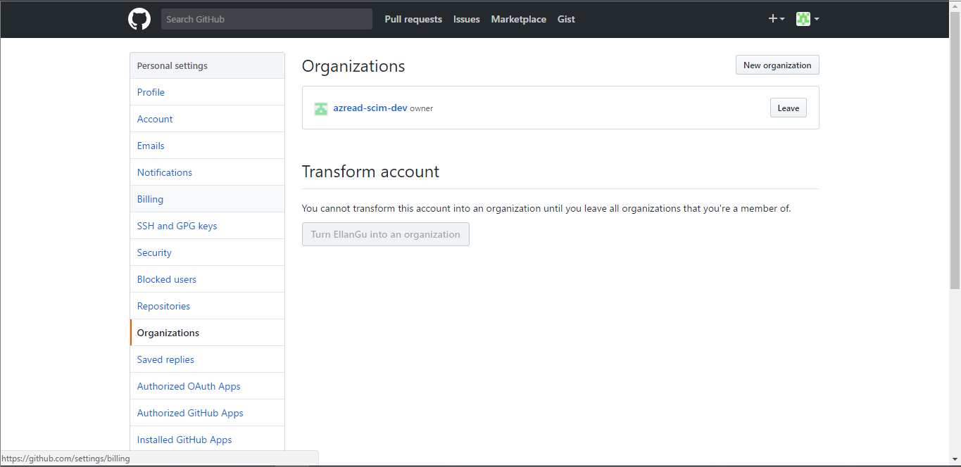 Screenshot che mostra la pagina Organizations in GitHub.