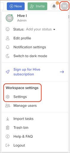 Screenshot che mostra il sito Web Hive con la tua area di lavoro selezionata dal menu.