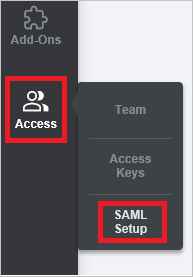 Screenshot shows the Access menu with SAML Setup selected.