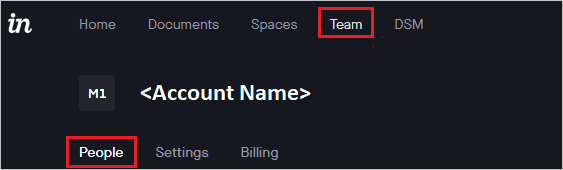 Screenshot mostra la scheda Team con l'opzione People selezionata.