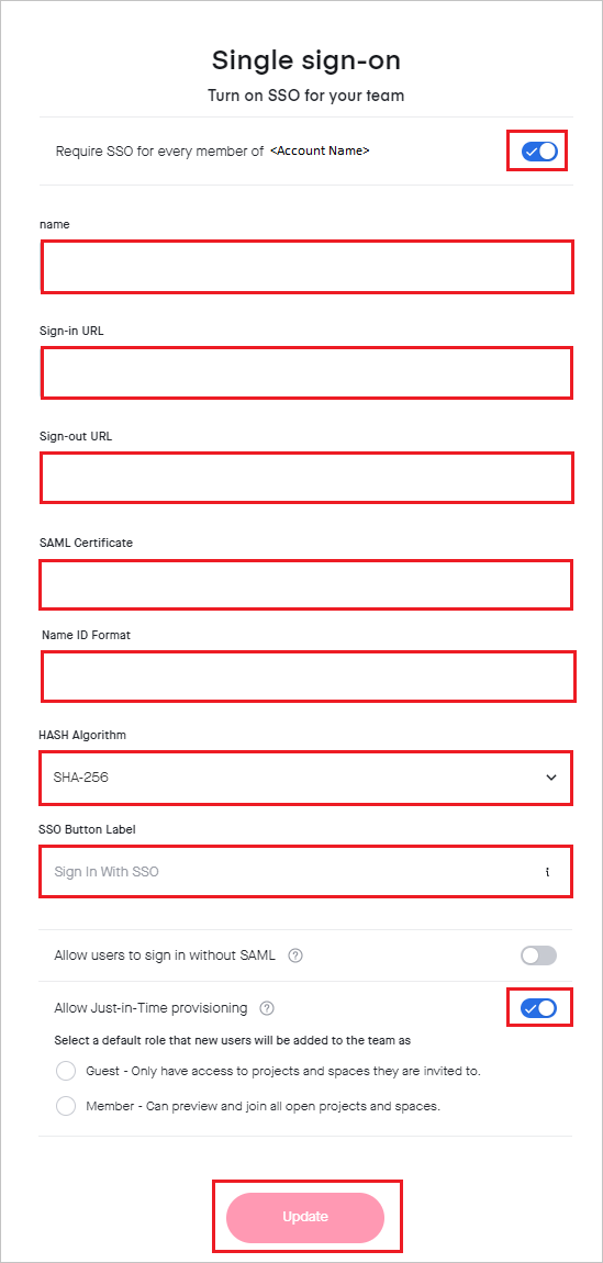 Screenshot mostra la pagina Single Sign-On in cui immettere i valori in questo passaggio.