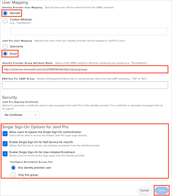 Sezione Mapping utenti della pagina Single Sign-On in Jamf Pro.
