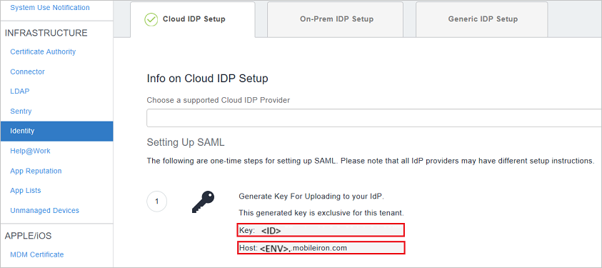 La screenshot mostra l'opzione Configurazione SAML con una chiave e un valore host.