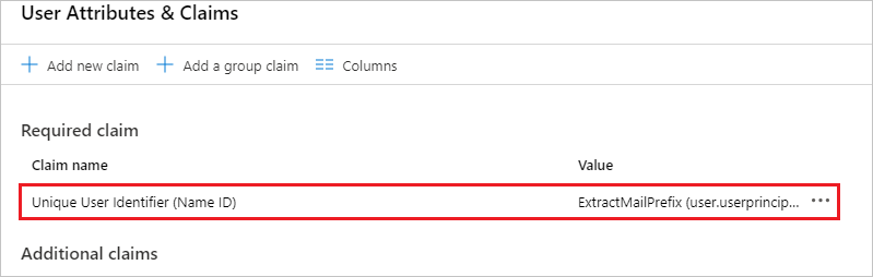 Screenshot della sezione Attributi utente e attestazioni con il nome dell'attributo evidenziato.