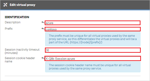 Screenshot che mostra la sezione Identification di Edit virtual proxy in cui è possibile immettere i valori descritti.