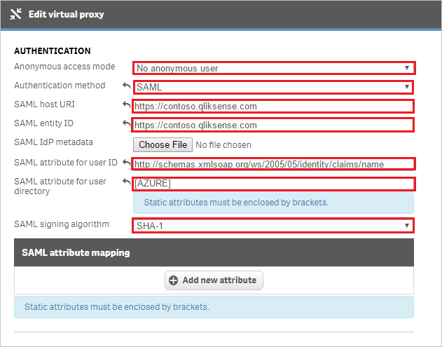 Screenshot che mostra la sezione Authentication di Edit virtual proxy in cui è possibile immettere i valori descritti.