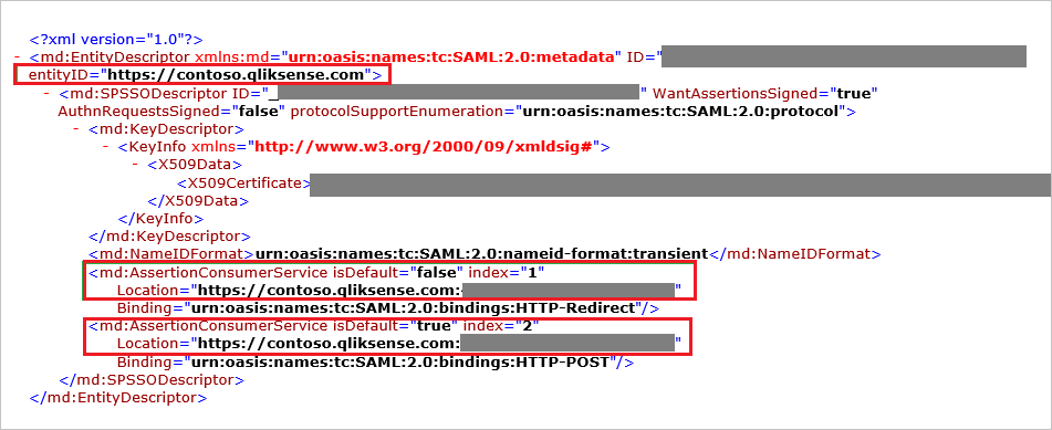 Screenshot che mostra un editor di testo semplice, con un EntityDescriptor con entityID e AssertionConsumerService evidenziati.