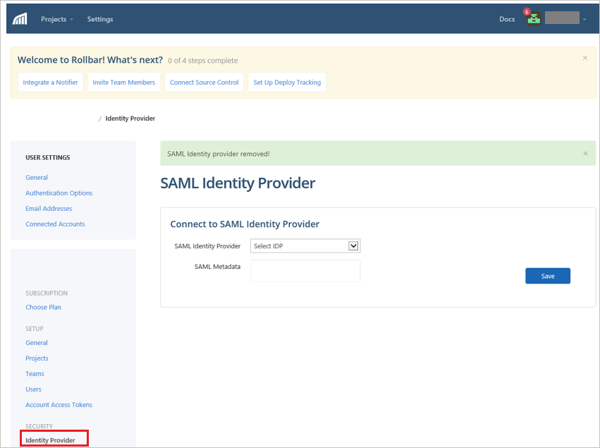 Screenshot mostra l'opzione Provider di Identità selezionata in SICUREZZA.