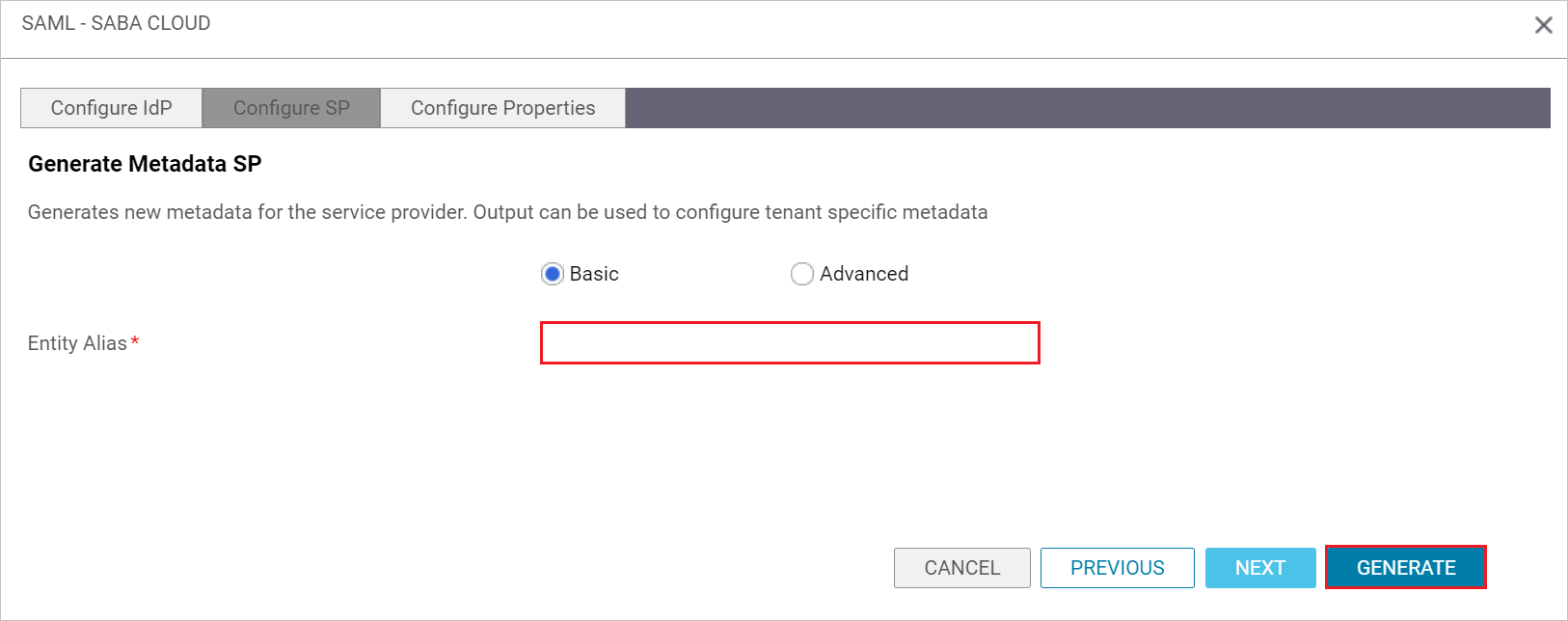 screenshot della Configurazione SP