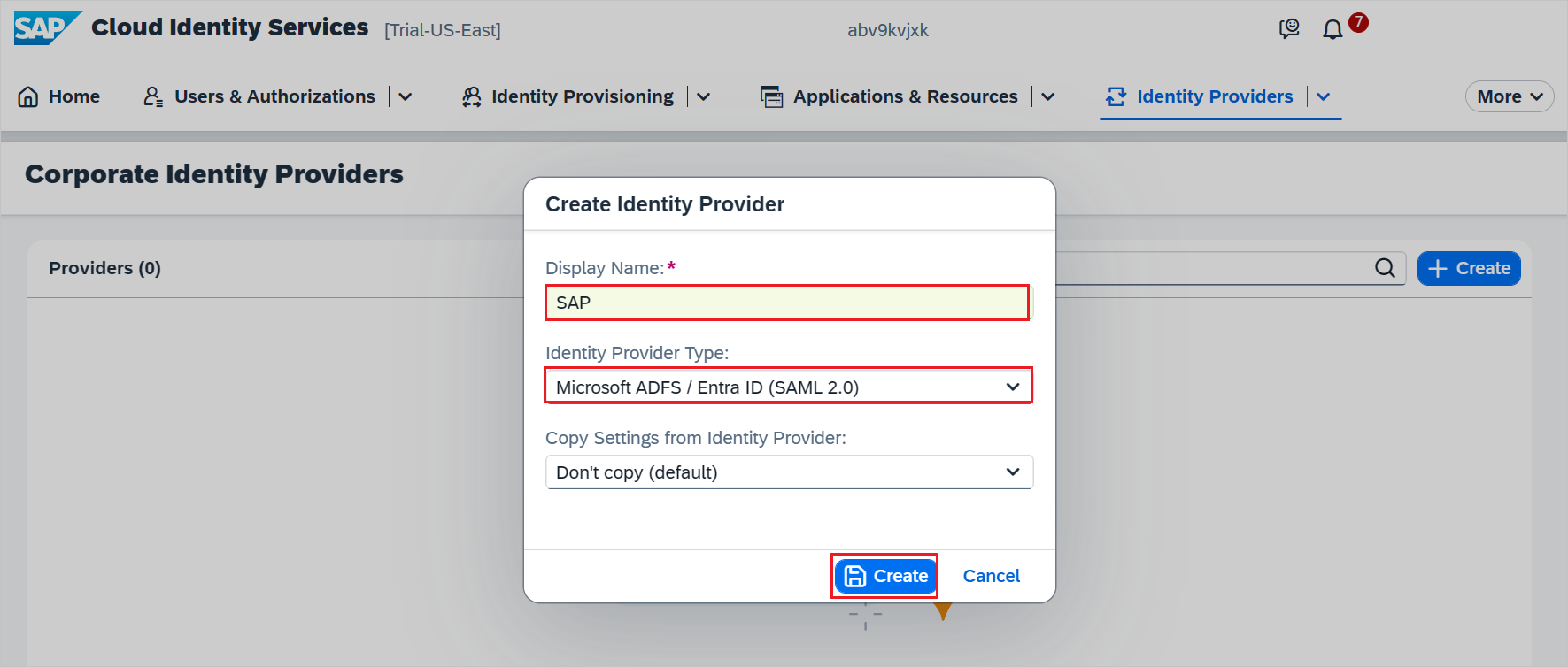 Screenshot che mostra la creazione del provider di identità.
