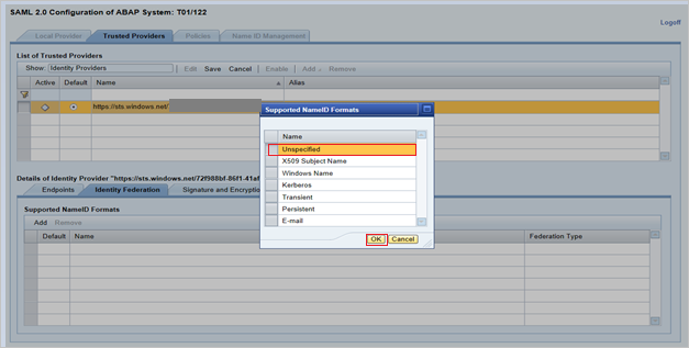 The Supported NameID Formats dialog box and options in SAP