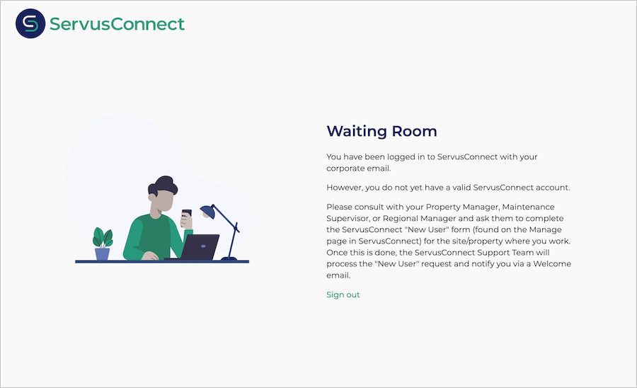 Screenshot che mostra Servus Connessione Waiting Room.