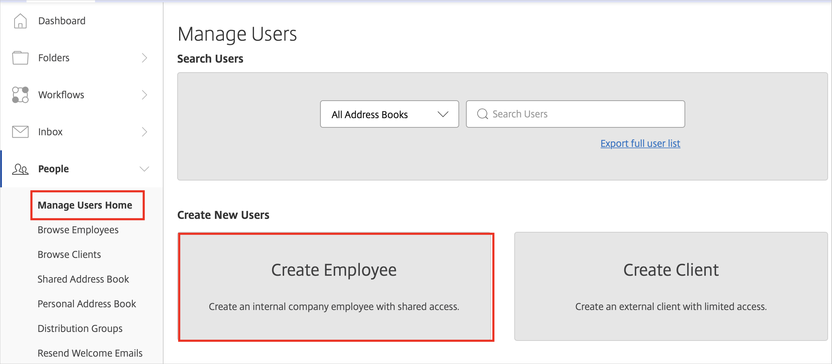 Screenshot che mostra l'opzione Create Employee (Crea dipendente).