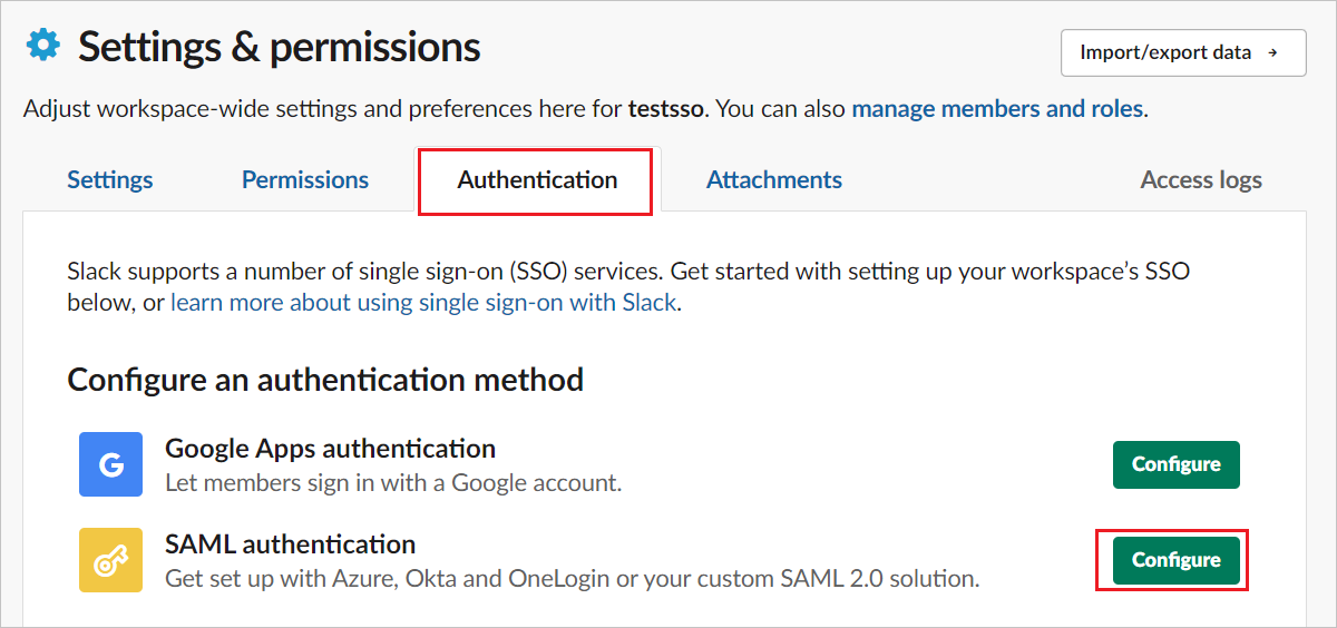 Screenshot di Configura accesso Single Sign-On in Team Impostazioni.