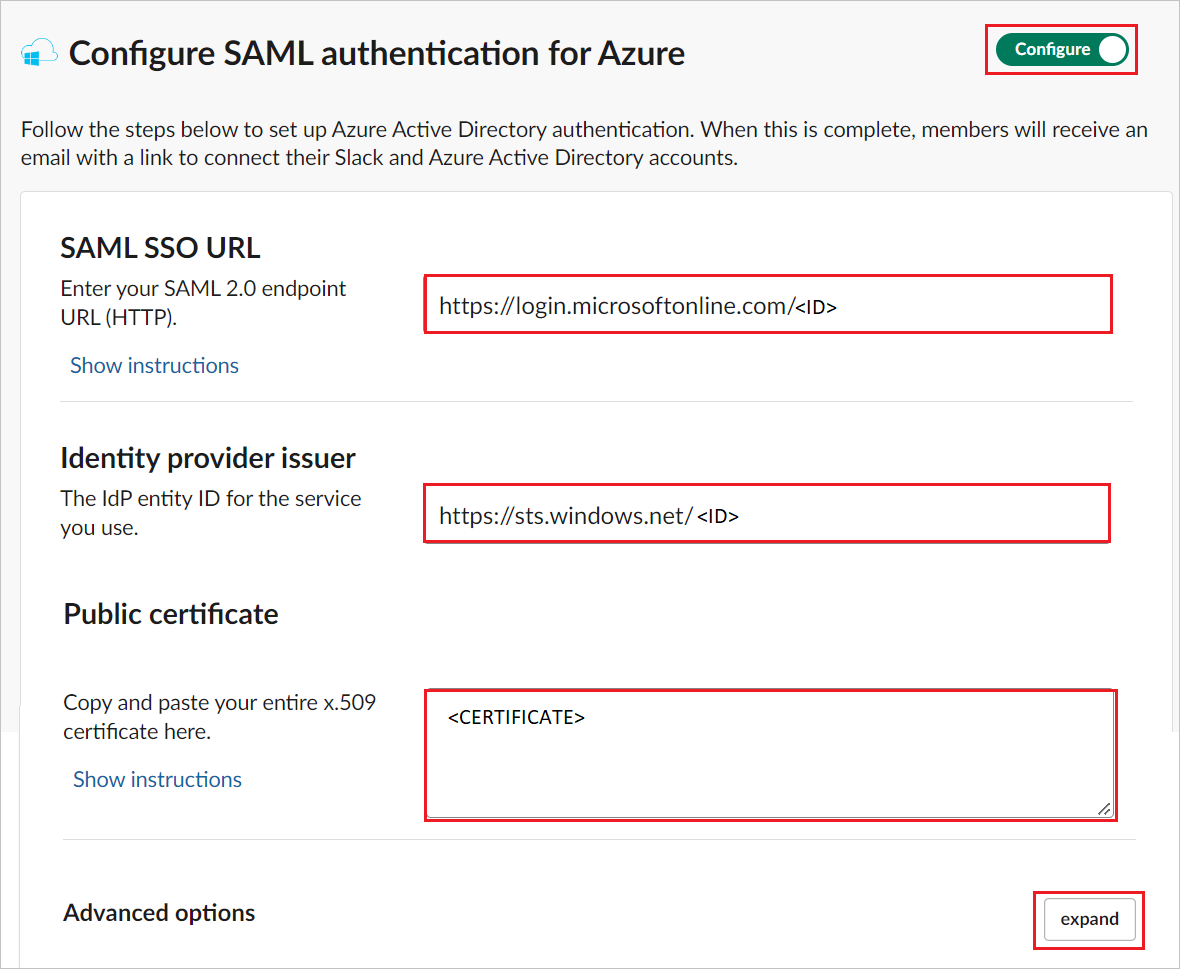 Screenshot di Configure Single Sign-On SAML Authentication Impostazioni.