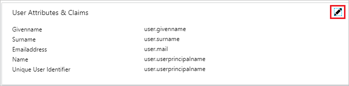 Screenshot shows the User Attributes & Claims section where you can select the edit icon.