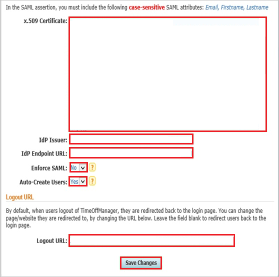 Screenshot che mostra la sezione Single Sign-On Settings in cui è possibile inserire i valori descritti.