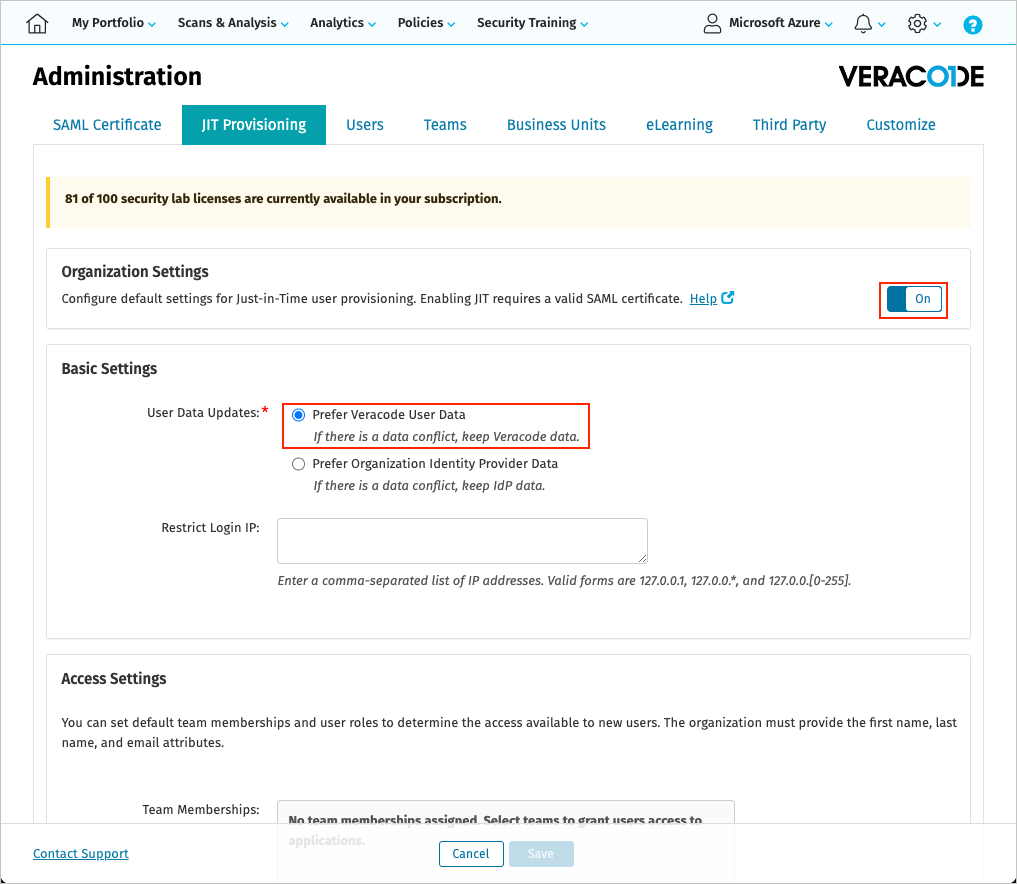 Screenshot of JIT Provisioning tab, with various options highlighted.