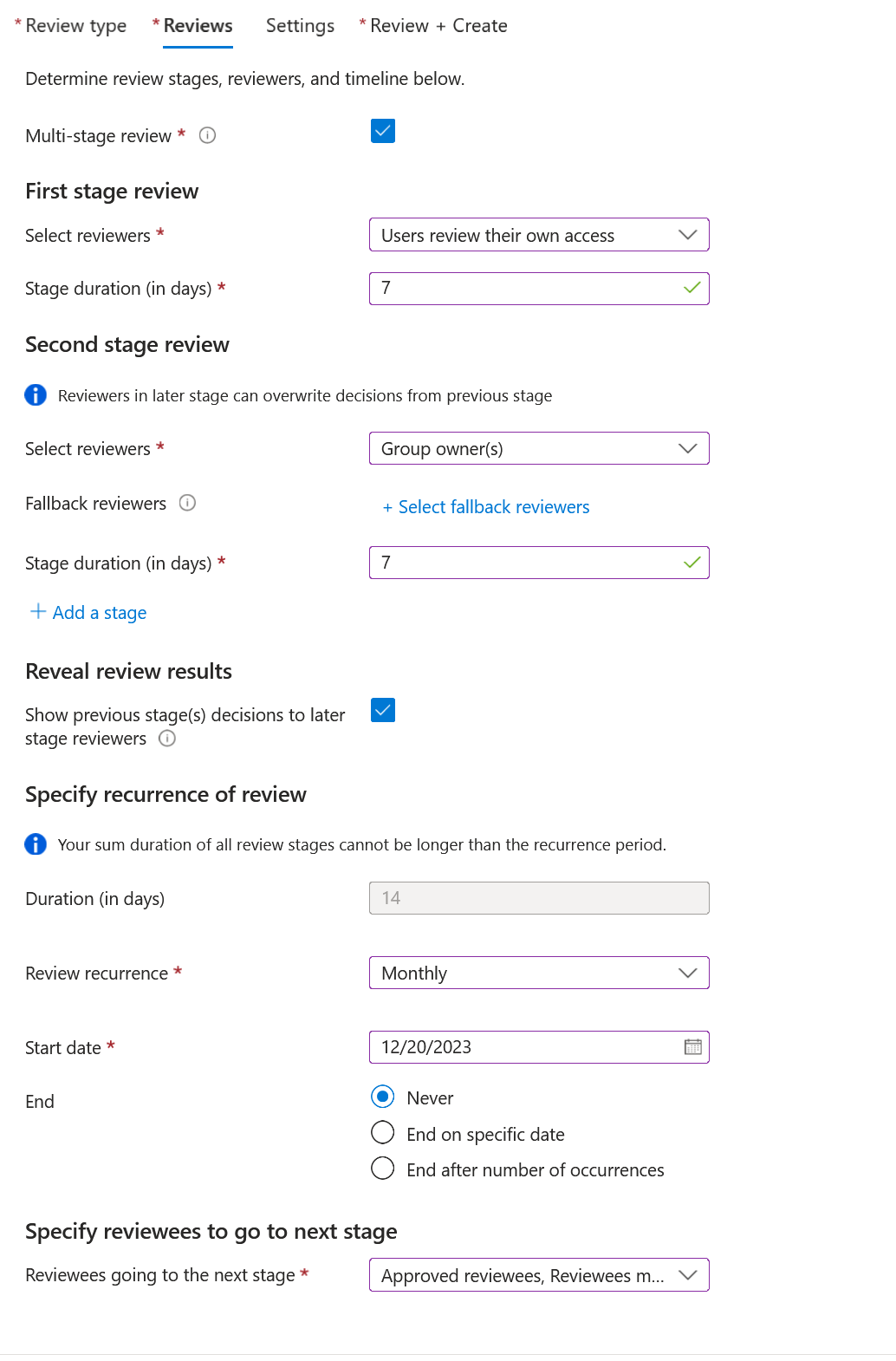 Screenshot che mostra la prima revisione della fase per la revisione a più fasi per consentire agli utenti guest di auto-attestare l'accesso continuo.