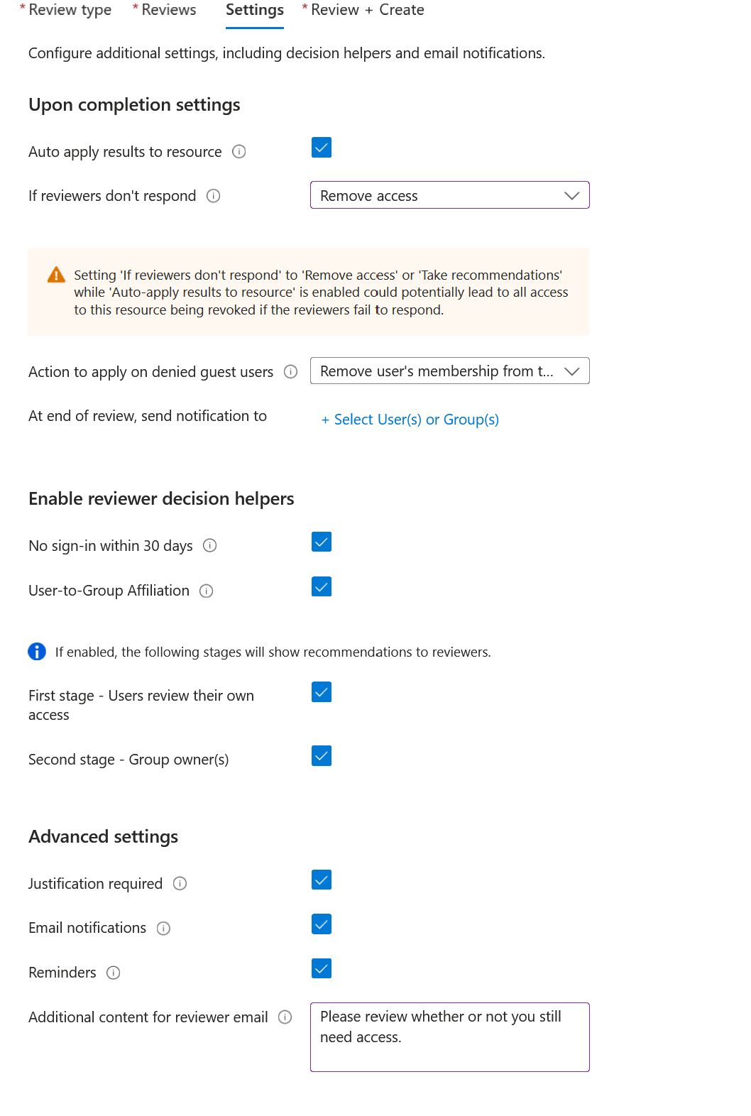 Screenshot che mostra la finestra di dialogo delle impostazioni per la revisione a più fasi per consentire agli utenti guest di auto-attestare l'accesso continuo.