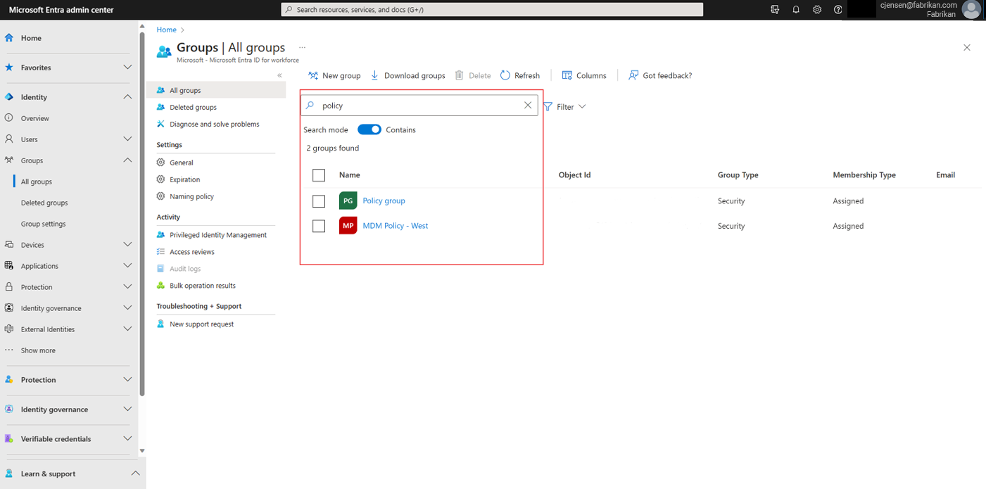 Screenshot delle nuove ricerche di sottostringhe nella pagina Tutti i gruppi.