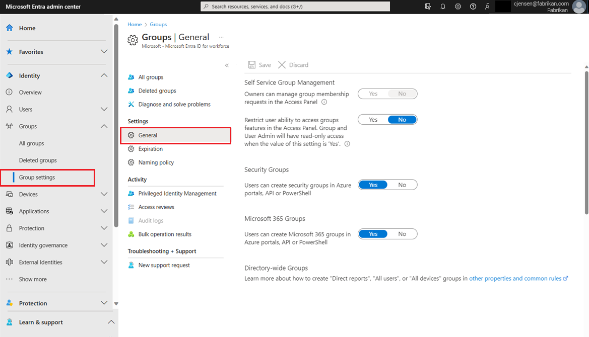 Screenshot of Microsoft Entra groups general settings.