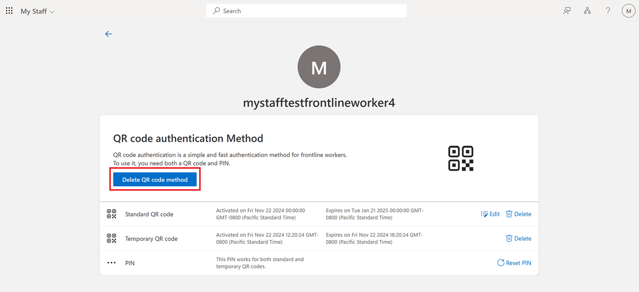 Screenshot che mostra come eliminare il metodo di autenticazione del codice QR in Il Mio Staff.