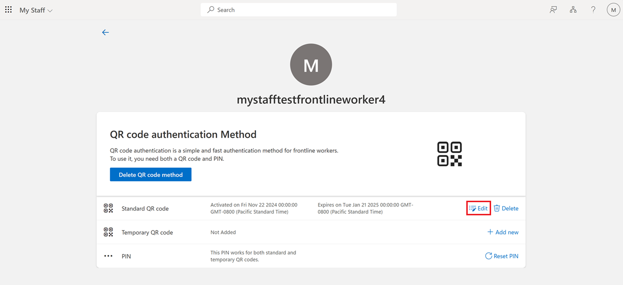 Screenshot che mostra come modificare un codice QR in My Staff.