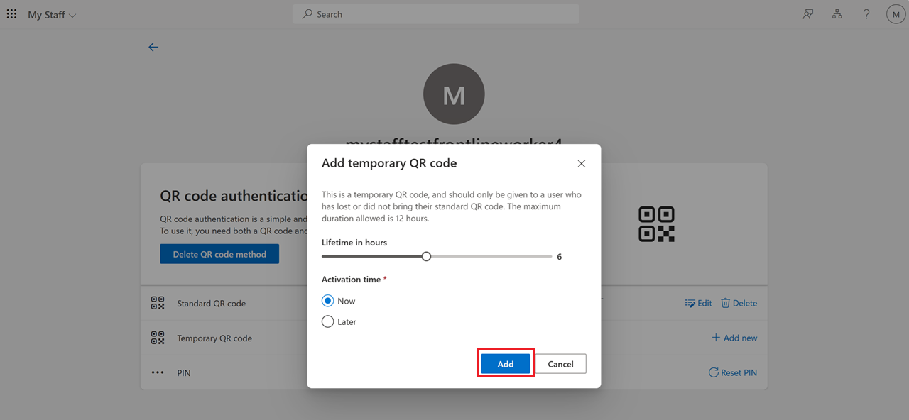 Screenshot che mostra come impostare la data di scadenza per un QR code temporaneo.