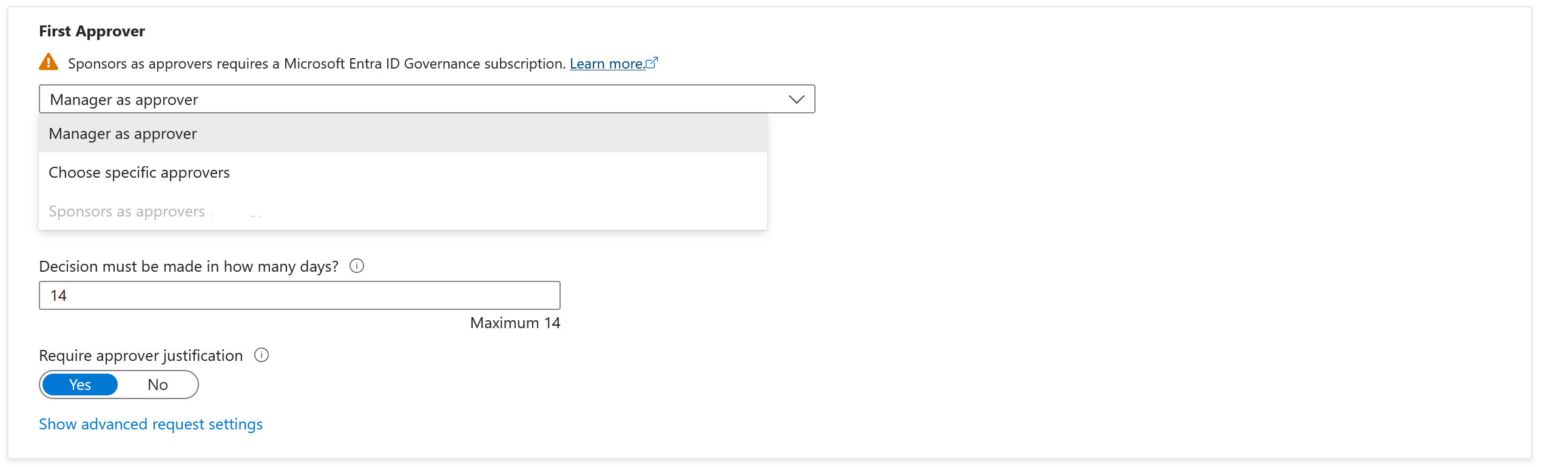 Screenshot che mostra le opzioni per un primo responsabile approvazione se il criterio è impostato su utenti nella directory.