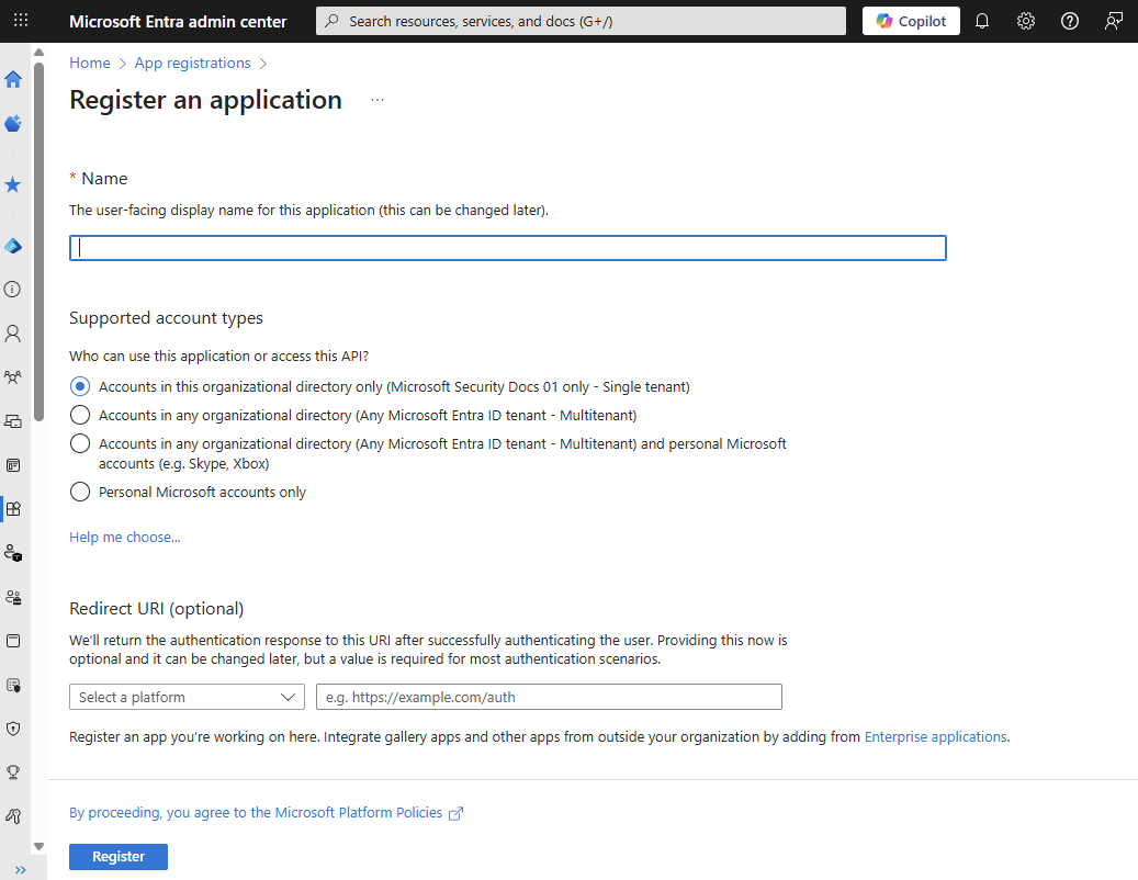 Screenshot di Interfaccia di amministrazione di Microsoft Entra in un Web browser, che mostra il riquadro Registra un'applicazione.