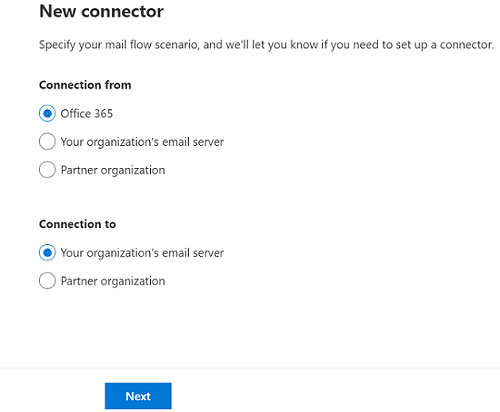 Schermata in cui viene creato un connettore da Office 365 al server di posta elettronica dell'organizzazione