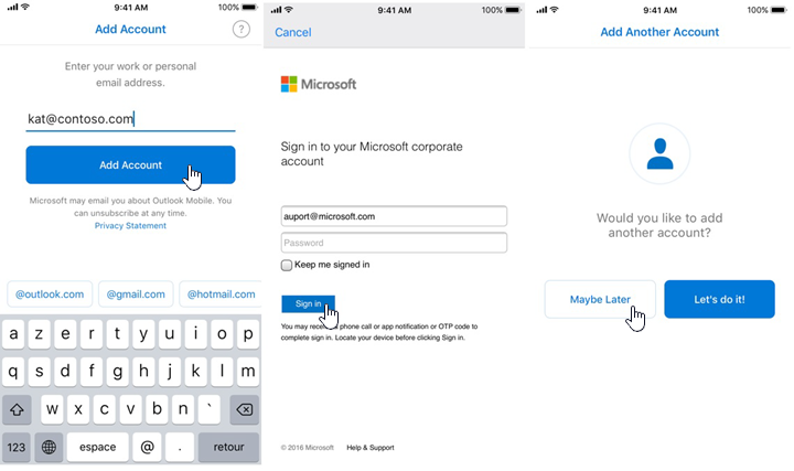 Onboarding di Outlook per iOS e Android.