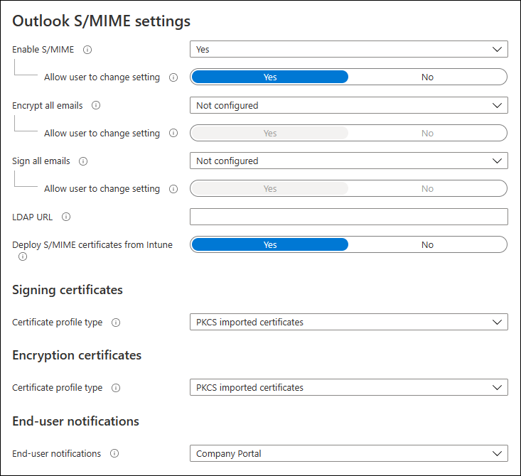 Screenshot che mostra le impostazioni S/MIME di Outlook.