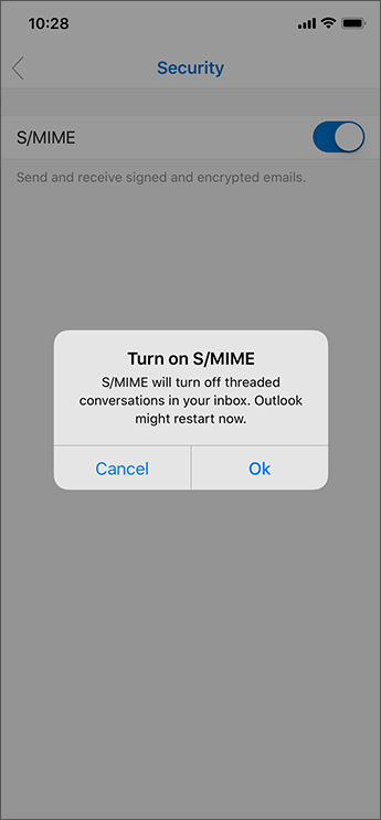 Screenshot che mostra la finestra di dialogo di conversazione in thread di Outlook per iOS.