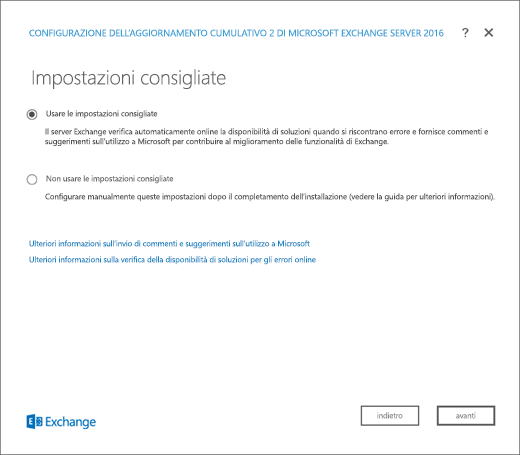 Installazione di Exchange, Pagina Impostazioni consigliate.